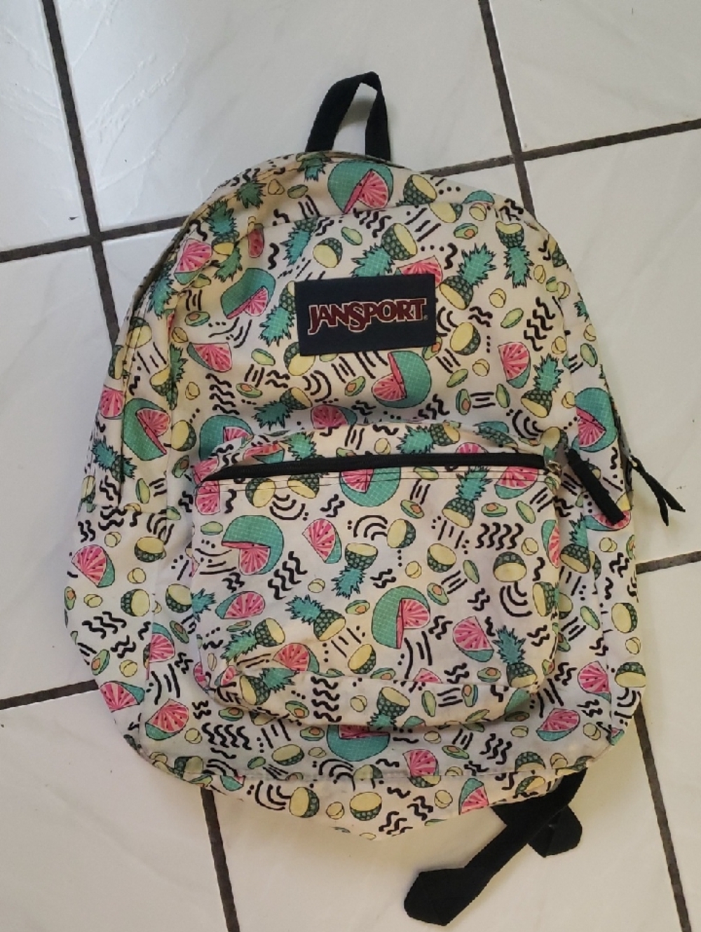 Old skool "JanSport" Cream Backpack with fun pink & teal fruit print
